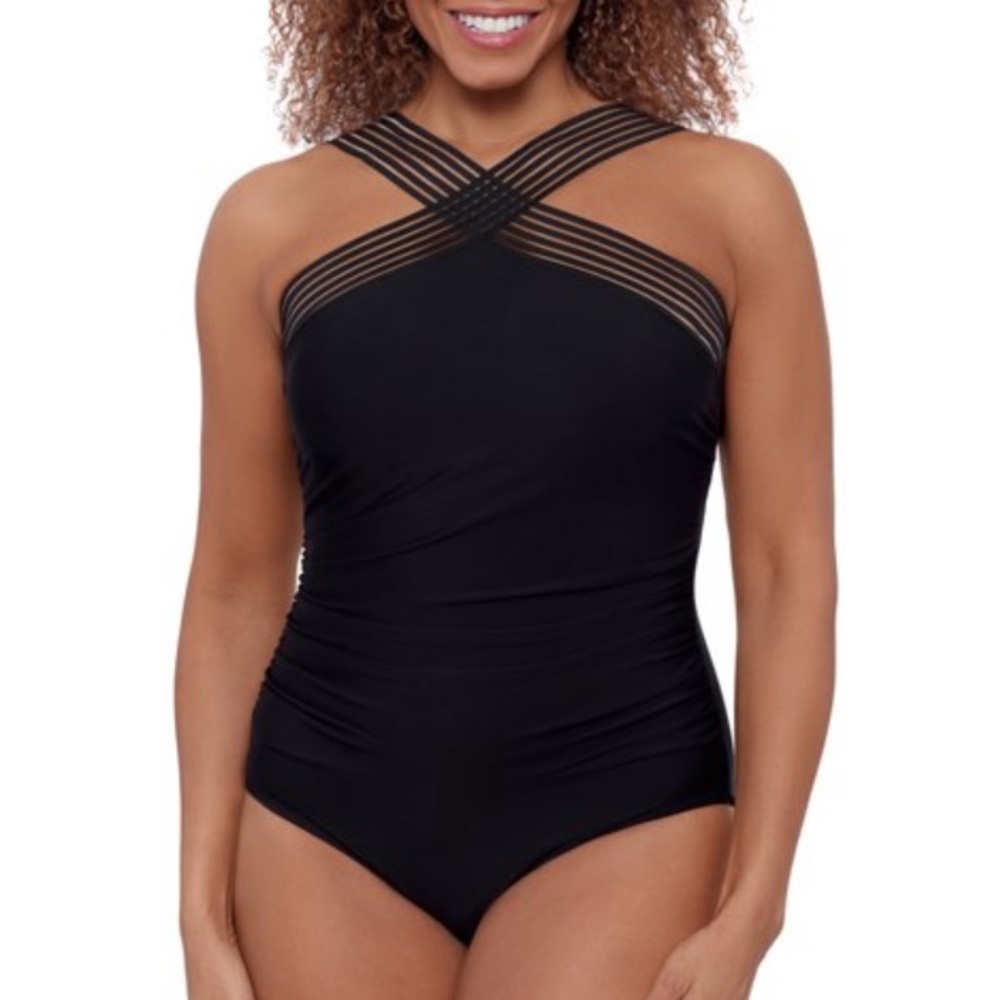 Aqua Green Black Crisscross One Piece Swimsuit